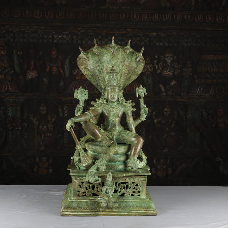 Brass Large Sitting Lord Vishnu Statue Antique Finished Idol Religious Decor 2.5 Feet