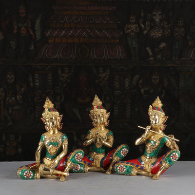 Brass Handcrafted Thai Musical Set of 4 With Natural Stones Work For Decor 1 Feet - SKU - 462937