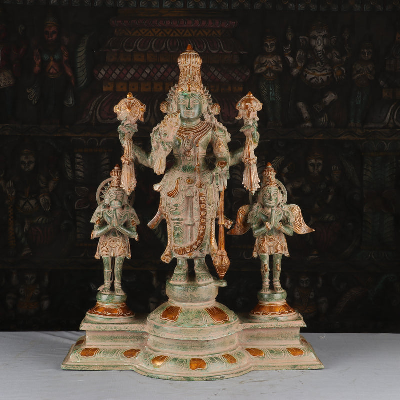 Brass Vishnu Statue With Garuda And Hanuman Antique Finished Idol Religious Decor 2 Feet - SKU - 462938
