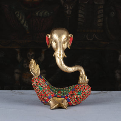 Brass Modern Ganesha Idol Stone Work For Home Decor Lucky Gift 8" - 462943