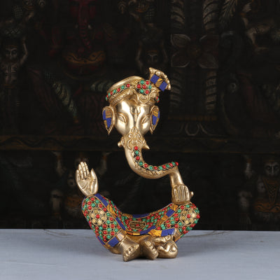 Brass Modern Turban Ganesha Statue Stone Work For Home Office Decor 10" - 462944