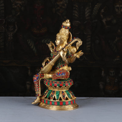 Brass Saraswati Statue Stone Work Idol For Pooja Room Temple Decor 1 Feet