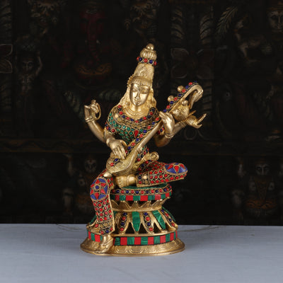Brass Saraswati Statue Stone Work Idol For Pooja Room Temple Decor 1 Feet