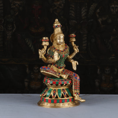 Brass Lakshmi Statue Sitting Stone Work Idol Religious Decor Lucky 12"