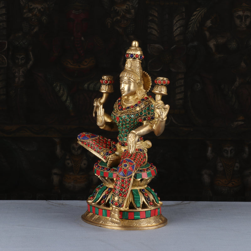 Brass Lakshmi Statue Sitting Stone Work Idol Religious Decor Lucky 12"