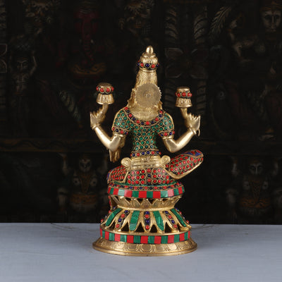 Brass Lakshmi Statue Sitting Stone Work Idol Religious Decor Lucky 12"