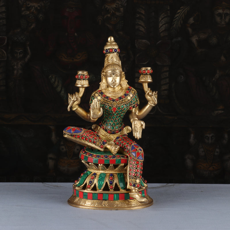 Brass Lakshmi Statue Sitting Stone Work Idol Religious Decor Lucky 12"