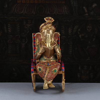 Brass Big Ganesha Idol On Chair Reading Book Stone Work Home Decor 1.5 Feet - 462947