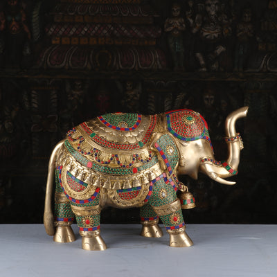 Brass Elephant Sculpture Stone Work Animal Handicraft Home Garden Decor Showpiece 14" - SKU - 462948