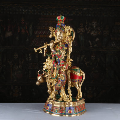 Brass Krishna with Cow Statue 26" by StatueStudio