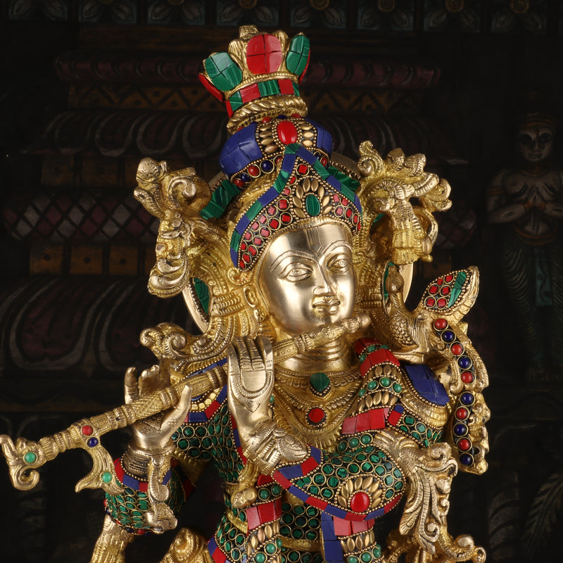 Brass Krishna with Cow Statue 26" by StatueStudio