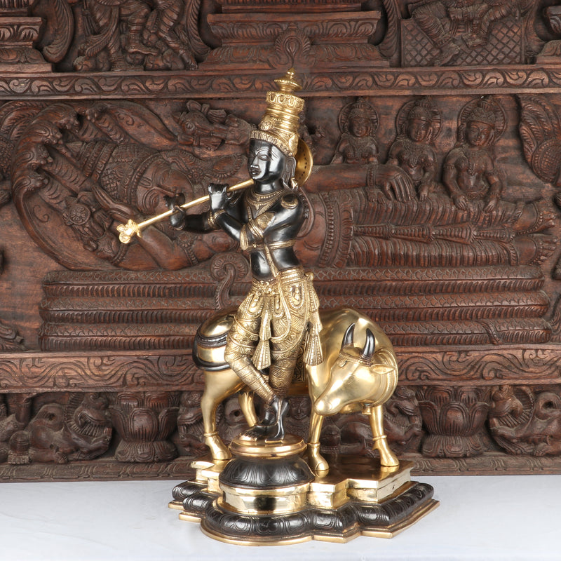 Brass Krishna Statue with Cow in Antique Black Finish 26" by StatueStudio