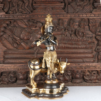 Brass Krishna Statue with Cow in Antique Black Finish 26" by StatueStudio