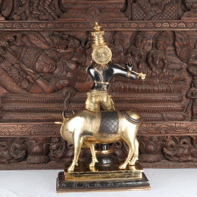 Brass Krishna Statue with Cow in Antique Black Finish 26" by StatueStudio