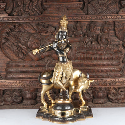 Brass Krishna Statue with Cow in Antique Black Finish 26" by StatueStudio