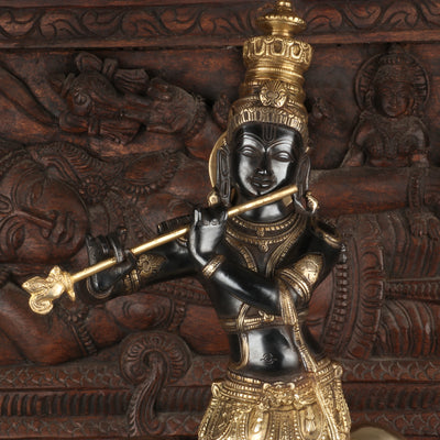 Brass Krishna Statue with Cow in Antique Black Finish 26" by StatueStudio