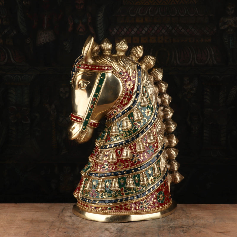 Brass Horse Face Stone Work Lucky FengShui Vastu Home Decor Showpiece 21"