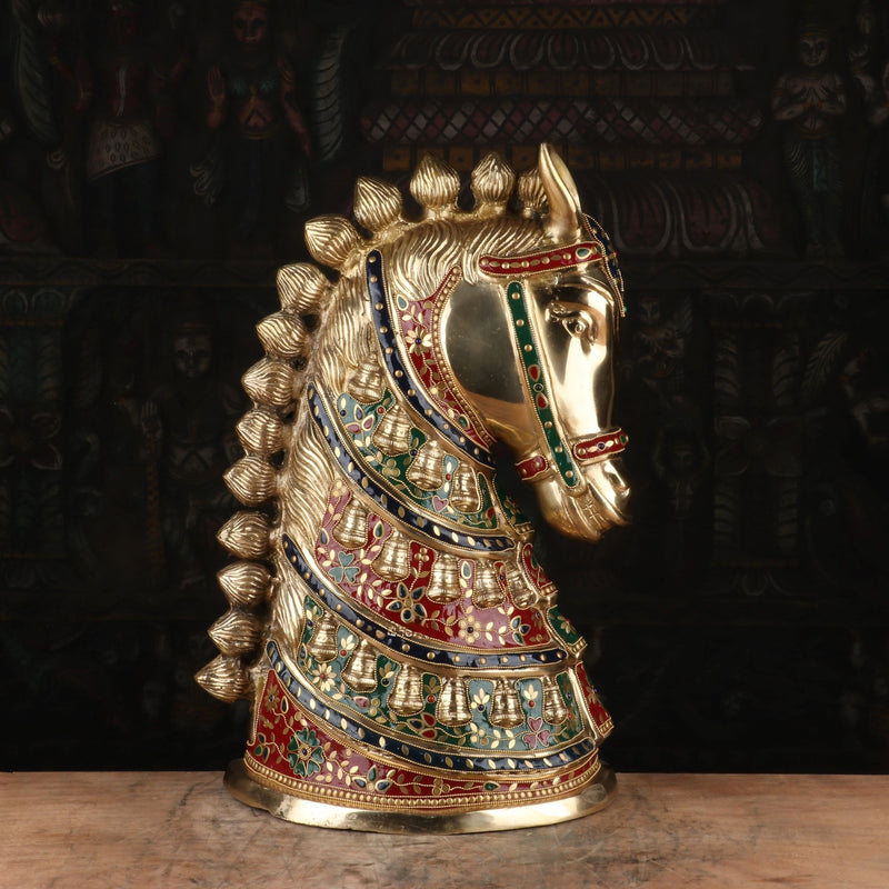 Brass Horse Face Stone Work Lucky FengShui Vastu Home Decor Showpiece 21"