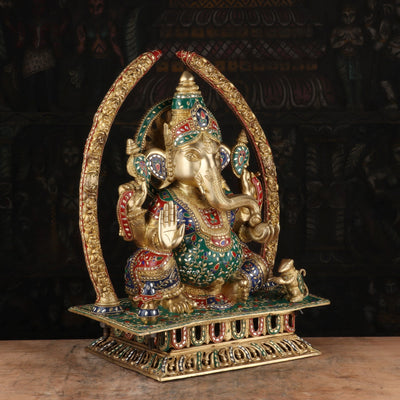 Brass Ganapati Idol With Arch Stone Work For Home Mandir Decor 2 Feet