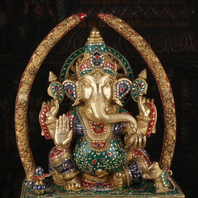 Brass Ganapati Idol With Arch Stone Work For Home Mandir Decor 2 Feet