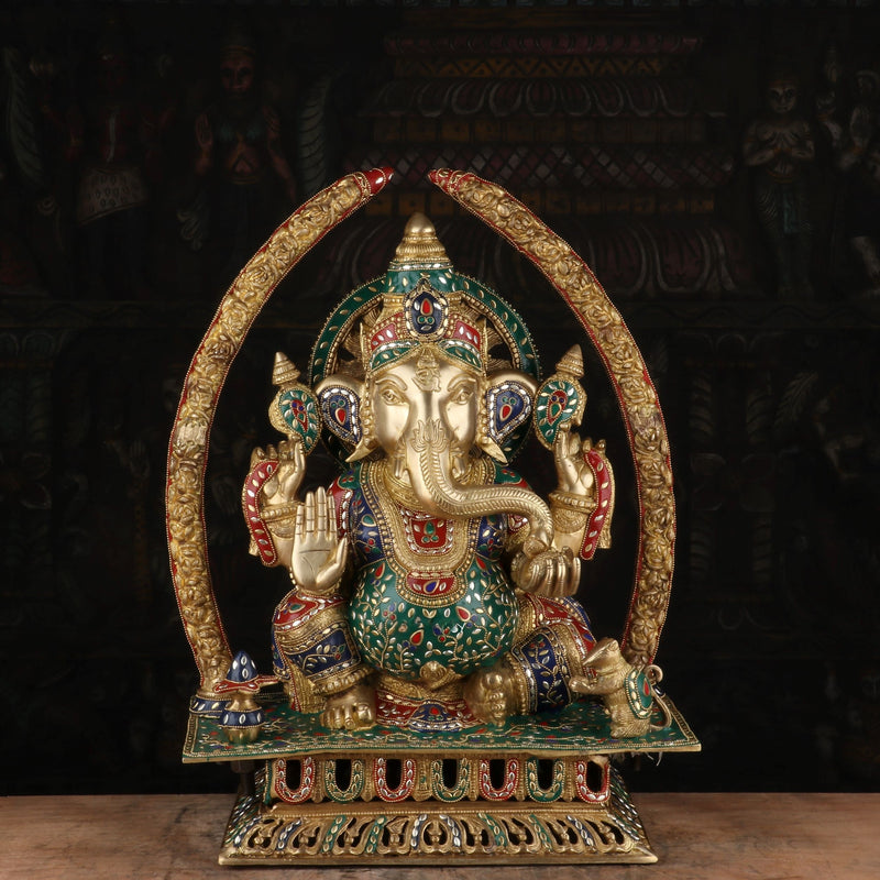 Brass Ganapati Idol With Arch Stone Work For Home Mandir Decor 2 Feet