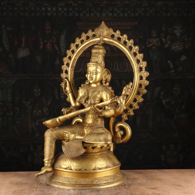 Brass Large Goddess Saraswati Statue With Arch Idol For Pooja Room Temple Decor 27