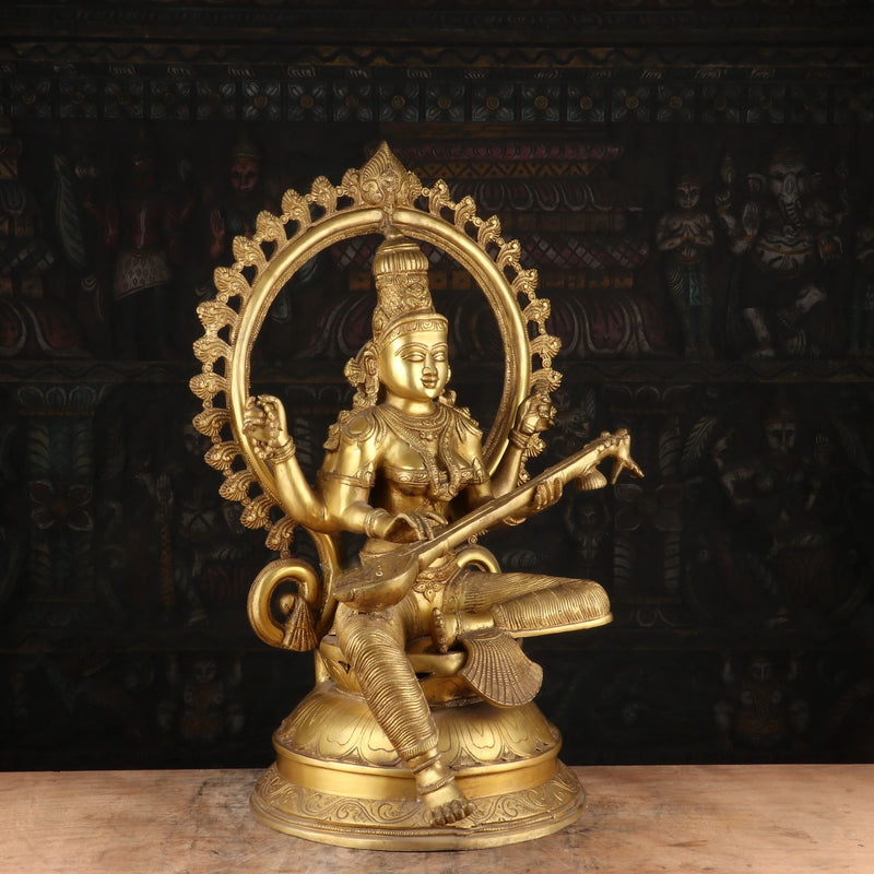 Brass Large Goddess Saraswati Statue With Arch Idol For Pooja Room Temple Decor 27