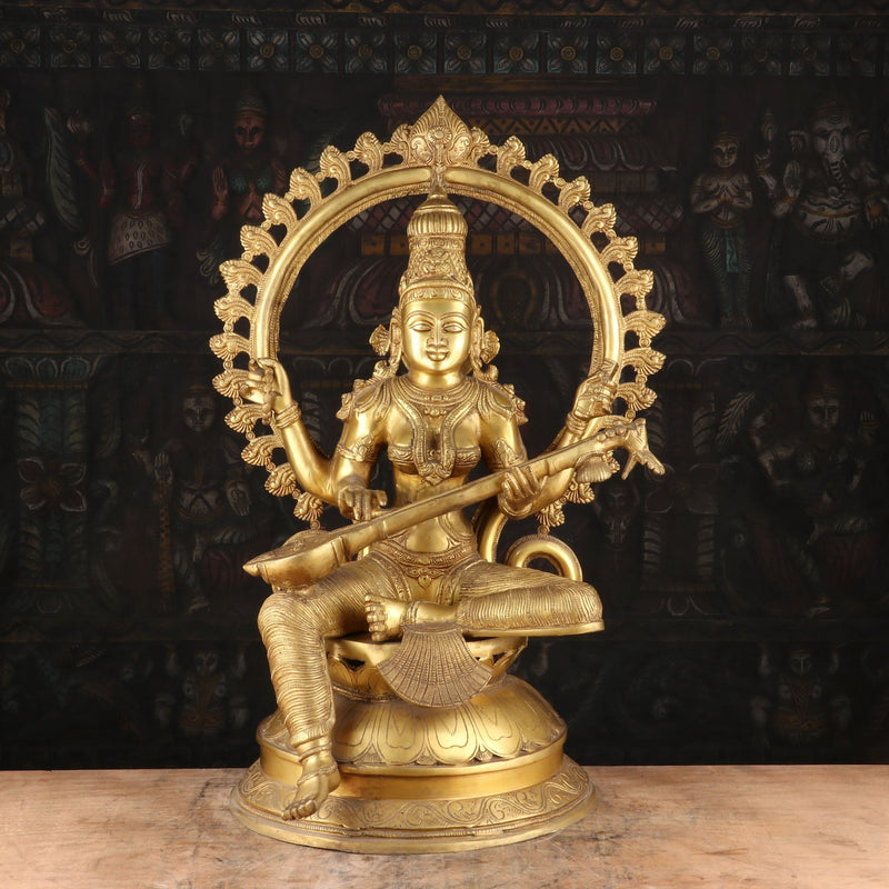 Brass Large Goddess Saraswati Statue With Arch Idol For Pooja Room Temple Decor 27