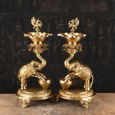 Brass Elephant Diya Pair For Home Temple Religious Decor Showpiece 1.5 Feet - SKU - 462960