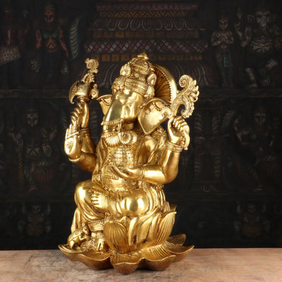 Brass Ganesha Idol Sitting On Lotus Base Sculpture For Home Decor 16"