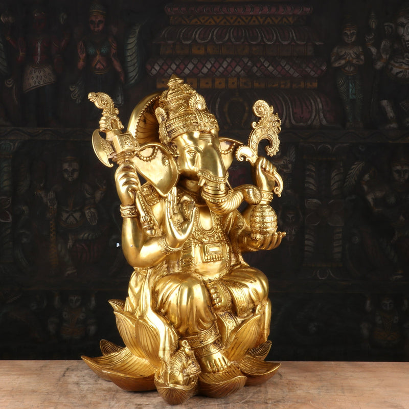 Brass Ganesha Idol Sitting On Lotus Base Sculpture For Home Decor 16"