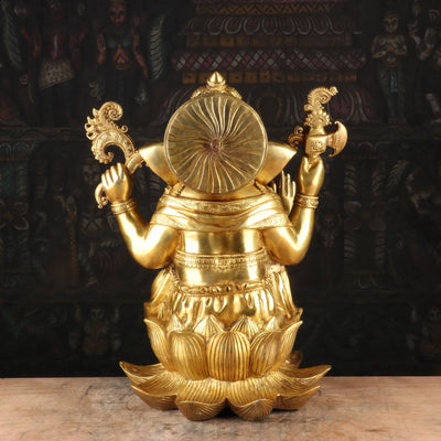 Brass Ganesha Idol Sitting On Lotus Base Sculpture For Home Decor 16"