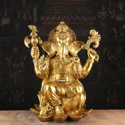 Brass Ganesha Idol Sitting On Lotus Base Sculpture For Home Decor 16"