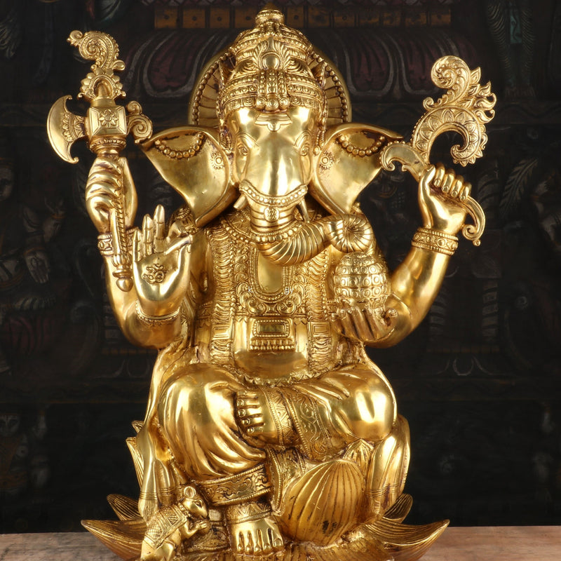 Brass Ganesha Idol Sitting On Lotus Base Sculpture For Home Decor 16"