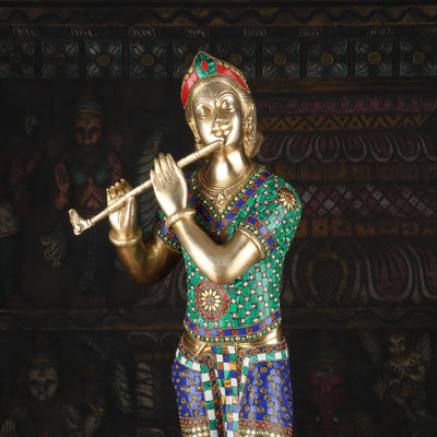 Brass Krishna Statue with Flute 2.5 Feet by StatueStudio