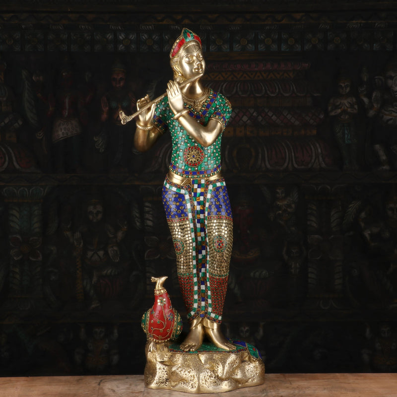 Brass Krishna Statue Stone Work Religious Idol For Home Temple Decor 2.5 Feet - SKU - 462966