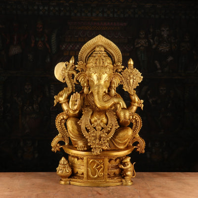 Brass Big Ganesha Statue Sitting On OM Pedestal For Home Decor 2 Feet