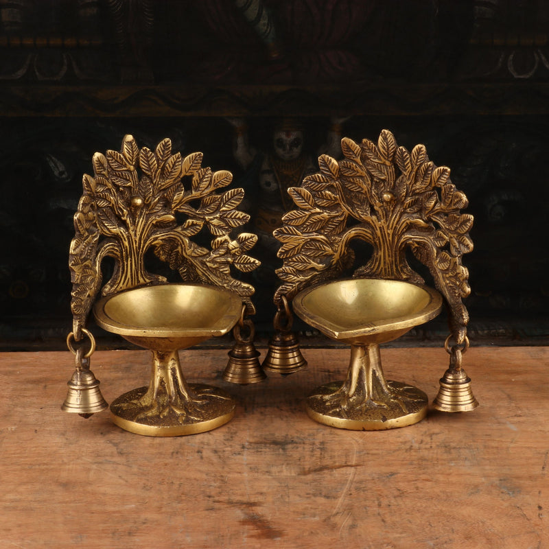 Brass Diya Pair Oil Lamp For Home Temple Diwali Religious Decor Showpiece 7" - SKU - 462974