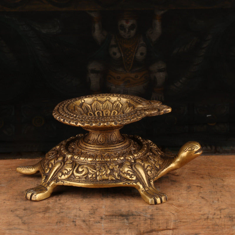 Brass Tortoise Diya Oil Lamp For Home Temple Religious Decor Showpiece 4"