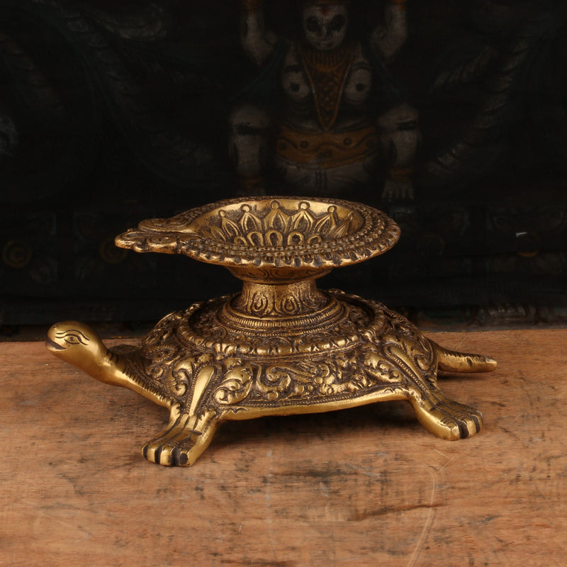 Brass Tortoise Diya Oil Lamp For Home Temple Religious Decor Showpiece 4"