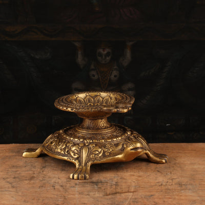 Brass Tortoise Diya Oil Lamp For Home Temple Religious Decor Showpiece 4"