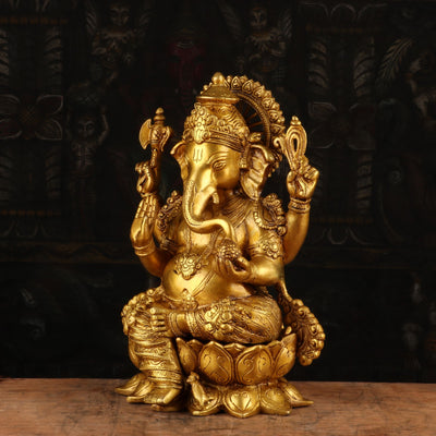 Brass Ganesha Idol Sitting On Lotus Base For Home Office Decor 1 Feet