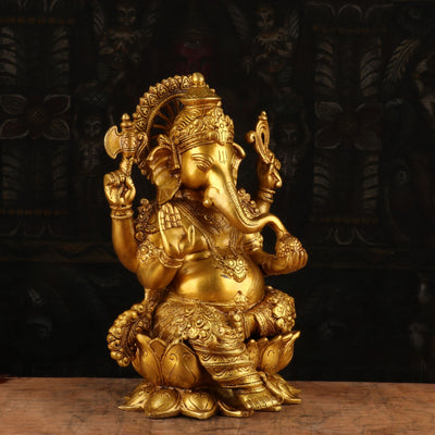 Brass Ganesha Idol Sitting On Lotus Base For Home Office Decor 1 Feet