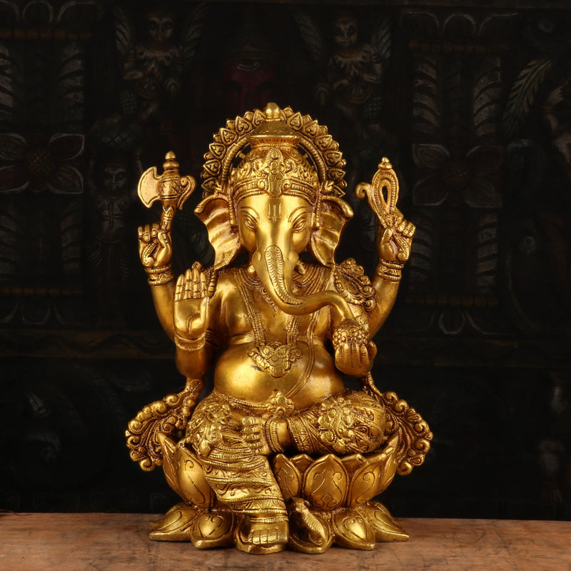 Brass Ganesha Idol Sitting On Lotus Base For Home Office Decor 1 Feet