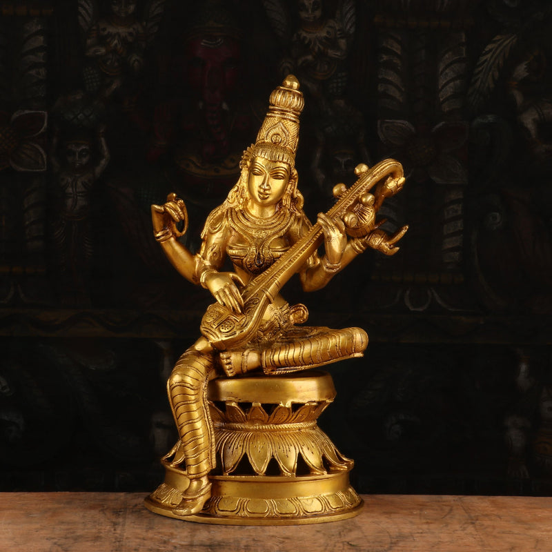 Brass Goddess Saraswati Statue Idol For Pooja Room Temple Decor 1 Feet - SKU - 462983