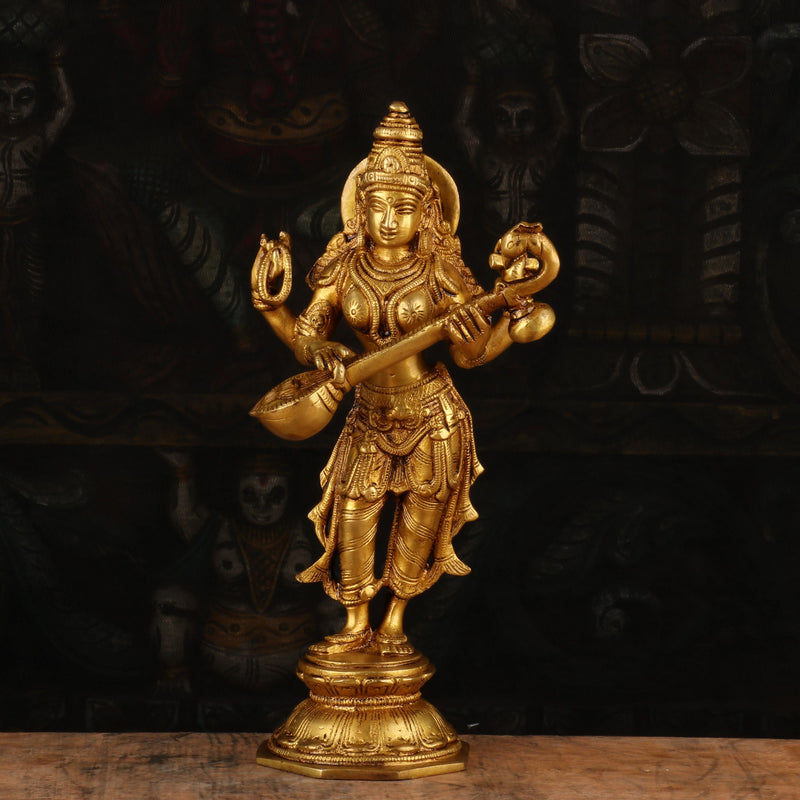 Brass Standing Saraswati Idol For Pooja Room Temple Decor Statue 10" - SKU - 462985