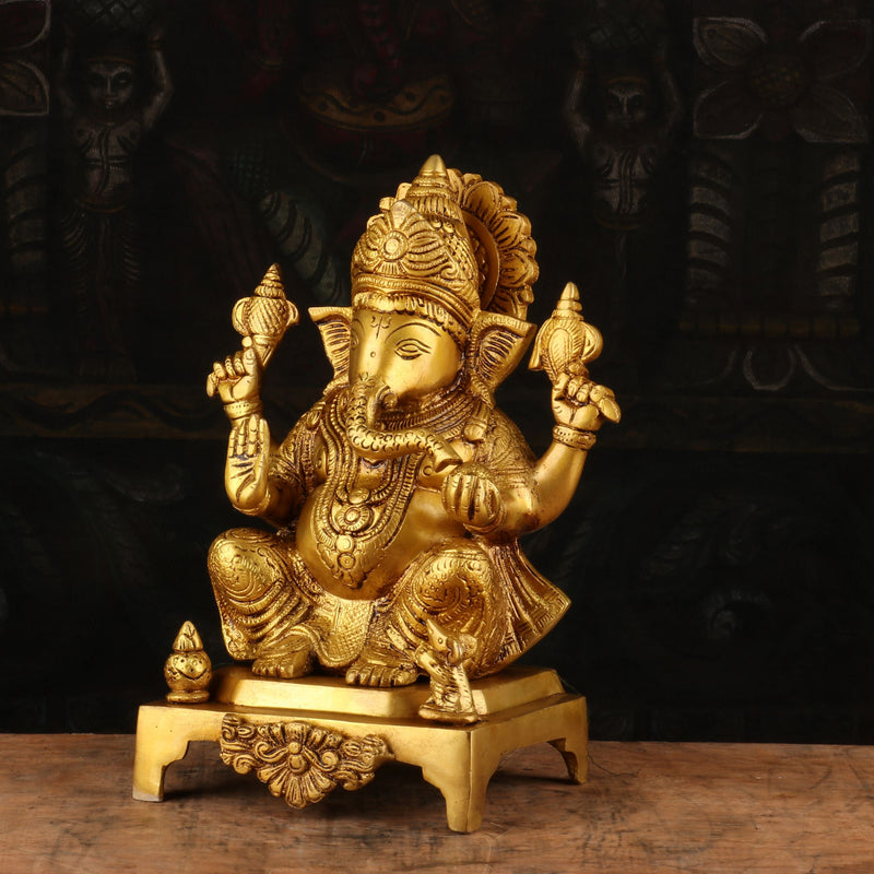 Brass Ganesha Idol Sitting On Base Religious For Home Decor 11"