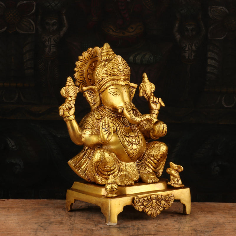 Brass Ganesha Idol Sitting On Base Religious For Home Decor 11"