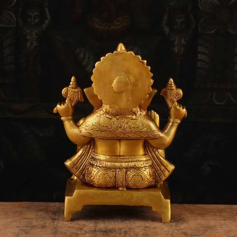 Brass Ganesha Idol Sitting On Base Religious For Home Decor 11"