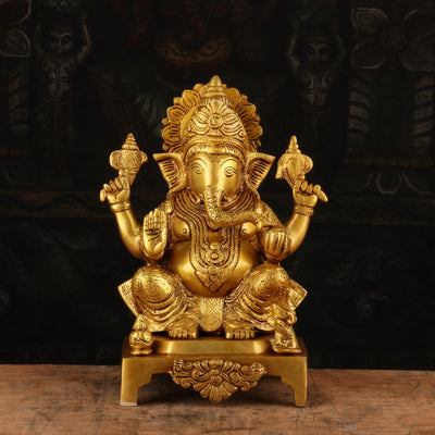 Brass Ganesha Idol Sitting On Base Religious For Home Decor 11"